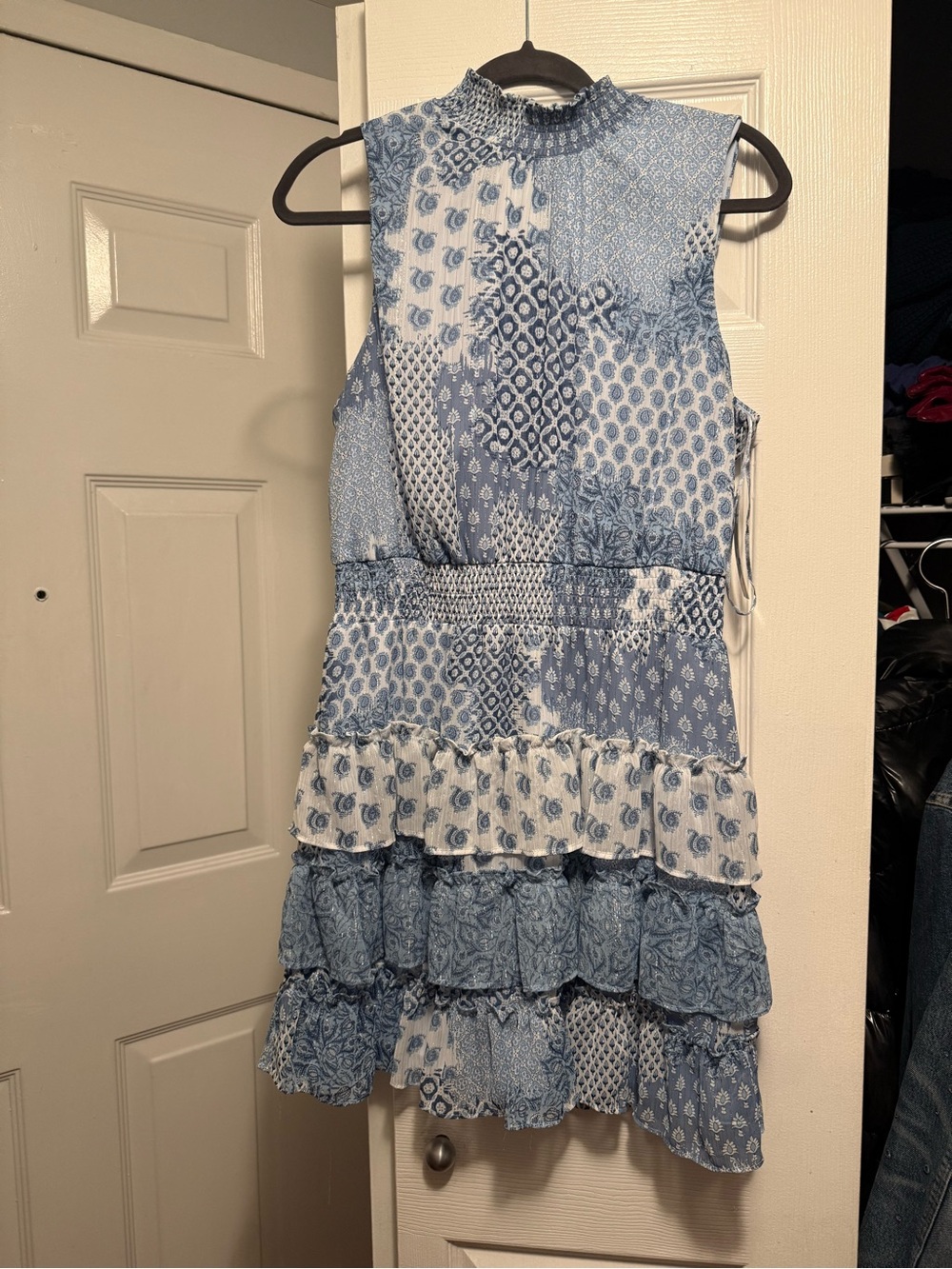 MSK Blue & White Patchwork Smocked Neck Tiered Dress